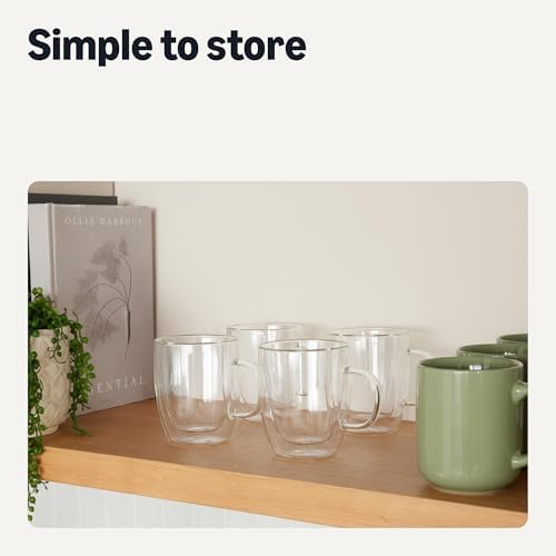 Amazon Basics Double Walled Glass Coffee Mugs, 4-Piece Set, Dishwasher-Safe, Borosilicate Glass, 12 oz. (Pack of 6)