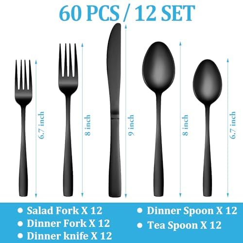 60 Pcs Black Silverware Set, Stainless Steel Flatware Set Service for 12, Mirror Polished Cutlery Utensil Set, Durable Home Kitchen Eating Tableware Set, Include Fork Knife Spoon Set, Dishwasher Safe