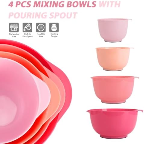 BoxedHome Mixing Bowls Set of 4, BPA Free Plastic,Microwave Safe, Rose Red