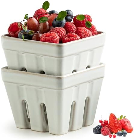 Gomakren Ceramic Berry Basket Set of 2, Square Fruit Bowl Containers, White