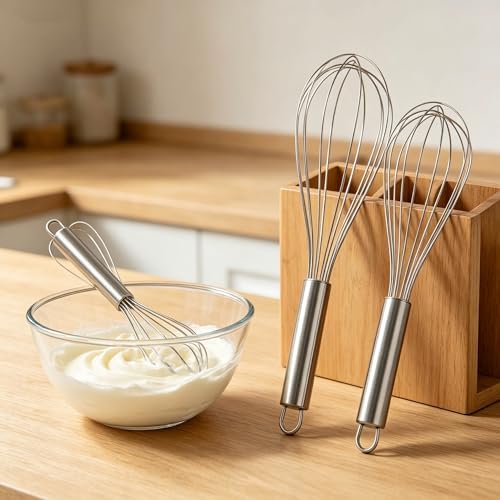 Stainless Steel Whisk Set, 3 Sizes (8", 10", 12") Kitchen Whisks for Cooking, Balloon Wire Whisk for Mixing, Whisking, Beating, Blending, Egg Beater, Baking, Whipping Cream, Frothing Milk