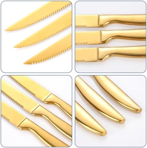 Gold Steak Knives Set of 8, Stainless Steel Kitchen Serrated Steak Knives