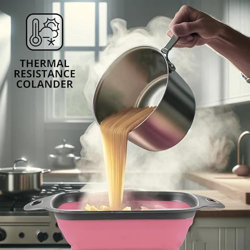 Pink Silicone Food Colander Kitchen – Small Collapsible Strainer with Handle Collapsable Strainer Kitchen Foldable Colander for Pasta Spaghetti Fruit Vegetable