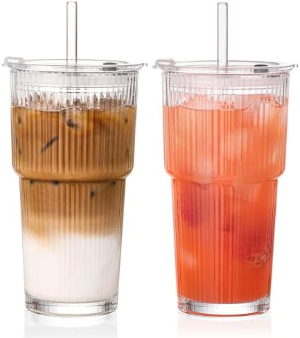 20oz Iced Coffee Cups with Lids, Ribbed Glass Cups with Lids and Straws