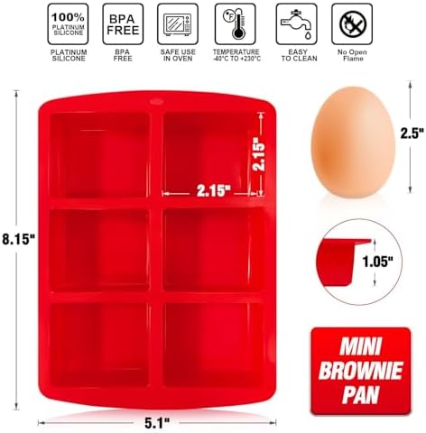 Walfos Mini Silicone Brownie Pan - 2 Piece 6-Cavity Non-stick Square Baking Pan, Perfect for Mini Brownies, Cornbread, Muffin and Cakes, BPA Free and Dishwasher Safe