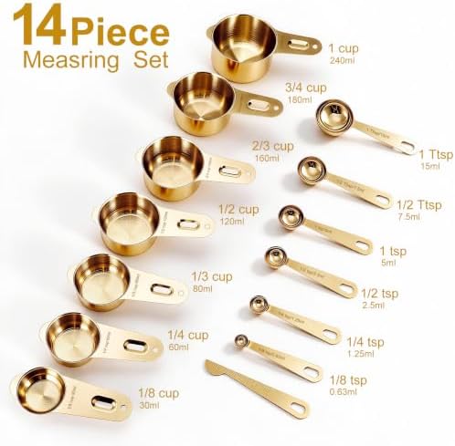 Bopei 14-Piece 18/8 Stainless Steel Measuring Cups and Spoons Set, Gold