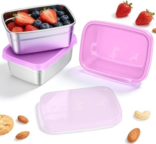 Tanjiae 3-Pack Stainless Steel Snack Containers for Kids & Toddlers - 550ml (18oz) Leakproof Colorful Lids with Cute Dinosaurs | LFGB Certified, Stackable Metal Lunch Box for Daycare, School, Travel