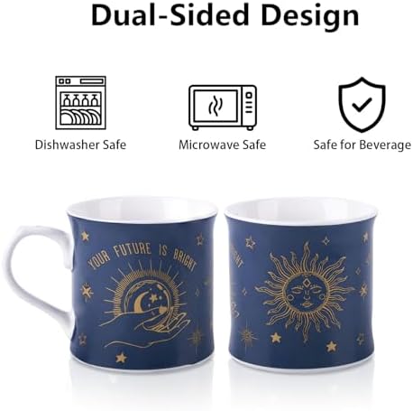 Blue Celestial Coffee Mug, "Your Future is Bright" Inspirational Theme Ceramic Mug, 12 oz New Bone China Mug with Tarot Symbols of Sun, Moon & Stars, Designed in England by Harvest Green Studio