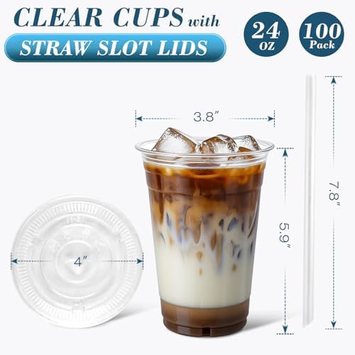 Ginkgo 100 Pack 24oz Clear Plastic Cups with Lids and Straws