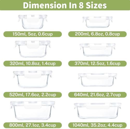 8 Pack Glass Food Storage Containers with Snap Locking Lids for Meal Prep