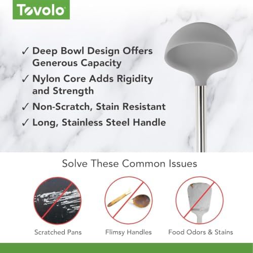Tovolo Silicone Ladle With Stainless Steel Handle Deep Soup Ladle for Cooking Canning Serving Soup Punch Stew Sauce, Large Kitchen Utensil Spoon Dishwasher Safe BPA Free Silicone Oyster Gray