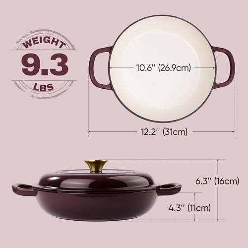 3 Quart Enameled Cast Iron Braiser, Non Stick Enameled Cast Iron Skillet with Lid, Dutch Oven Skillet with lid up to 500°F for Oven, Stove, Grill, Shallow Dutch Oven for Cook, Bake (Fig)