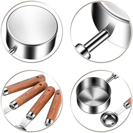 Wooden Handle Measuring Cups & Spoons Set 8-Piece – Stainless Steel, Stackable, Rustic Farmhouse Kitchen Gadgets, Non-Toxic, Dishwasher Safe, Gift for Bakers & New Homeowners.
