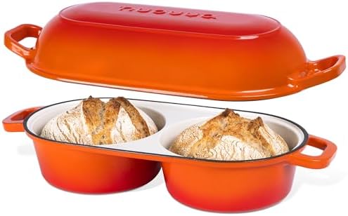 Dutch Oven For Sourdough Bread Baking – Enamelled Cast Iron Bread Loaf Pot – 500°F Oven Safe Non Stick Bread Pot – Double Round Loaf Space, 16.5cm Diameter, Orange, – by Nuovva