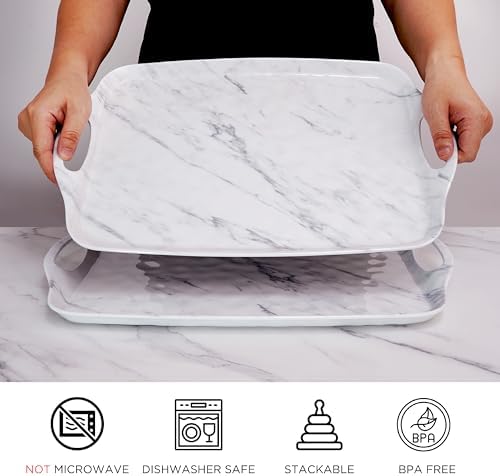 TP Melamine Serving Trays with Handles, 17” x 12”, Set of 2, White Marble