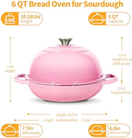 6QT Enameled Cast Iron Pink Dutch Oven For Sourdough Bread Baking