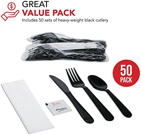 Party Essentials Individually Wrapped Plastic Cutlery Packets/Heavy Duty Silverware Kits, Fork/Spoon/Knife/Napkin/Salt/Pepper, 50 Utensils Sets, Black (Pack of 4)