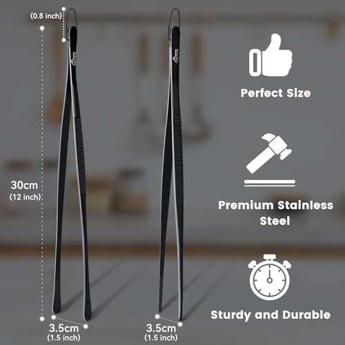 HOTEC Kitchen Tweezers Stainless Steel Cooking Tweezers 2 Pcs-12", Black