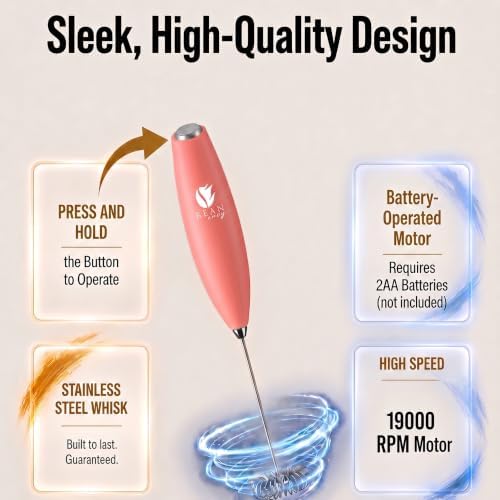 Bean Envy Milk Frother Handheld - Coffee Mixer Wand with Stand - Rose Pink