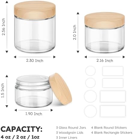 1 OZ, 2 OZ, 4 OZ Small Glass Jars with Plastic Woodgrain Lids, Stickers