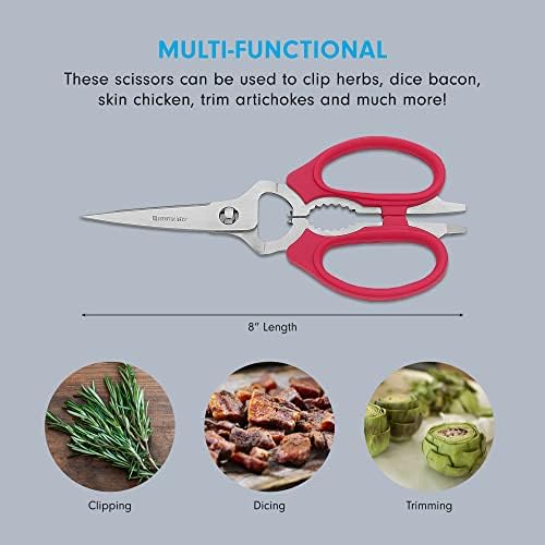 Messermeister 8-Inch Take-Apart Kitchen Scissors, Red - Includes Screwdriver, Nut Cracker, Jar Lid Opener/Gripper, Bottle Opener & Bone + Twig Cutter - Suitable for Lefties & Righties