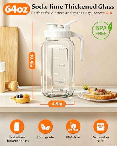 64oz Mason Jar Pitcher, 2quart Glass Pitcher with Lid for Tea & Cold Brew