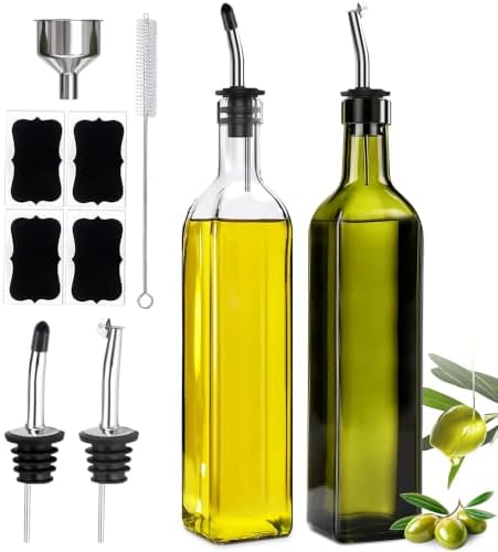 Leaflai Olive Oil Dispenser Bottle, 2 Pcs Glass Olive Oil Dispenser and Vinegar Dispenser Set with 2 Stainless Steel Pourers, 4 Labels,1 Brush and 1 Funnel Oil Bottles for Kitchen (500ml)