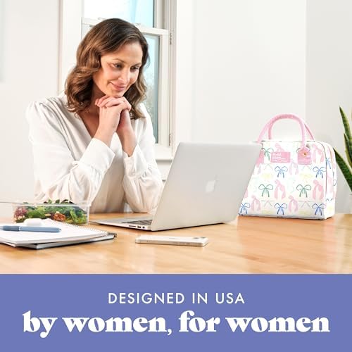 Fit & Fresh Bloomington Lunch Bag for Women - Insulated Large Lunch Box for Work with Containers, Leak-Resistant, Stain-Resistant, Zipper Closure, Pink Dainty Bows