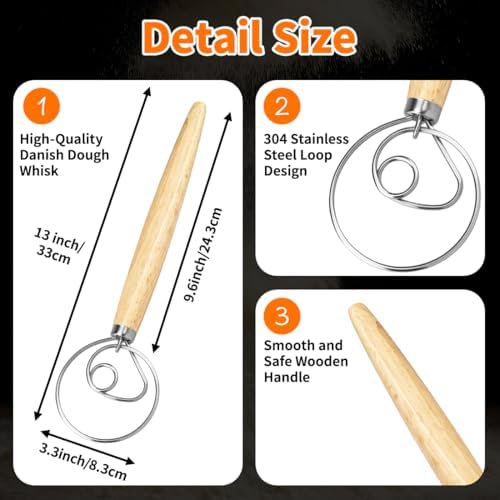 Polly Online Dough Whisk,Wooden Handle Danish Sourdough Whisk with Stainless Steel Dough Hook for Bread, Pastry or Pizza Dough 13 Inch 1-PACK