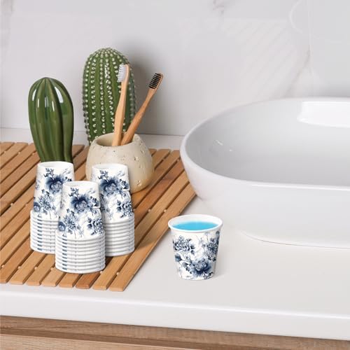 RUSPEPA 2 oz Bathroom Cups, Disposable Paper Cups - 100 Pack Blue Watercolor Flower Design Printed - Mini Mouthwash Rinse Paper Cups for Home, Bathroom, Picnic, Party, and Events