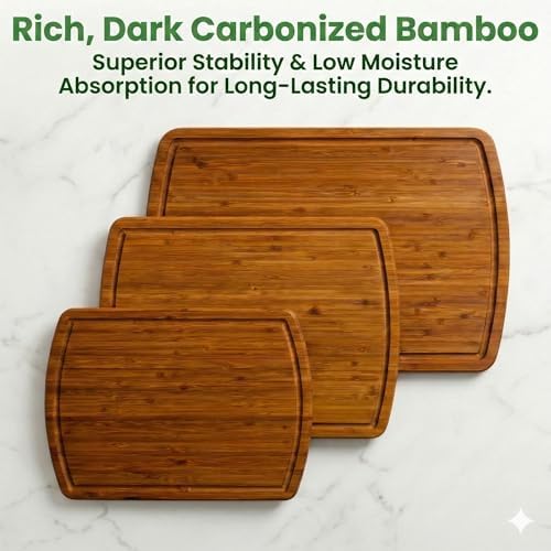 LUXURIOUS Bamboo Cutting Board 3-Piece Set with Carbonized Vertical Grain Strength Technology - Extra Large Wooden Cutting Boards for Kitchen with Deep Juice Grooves - Lifetime Replacements