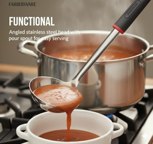 Farberware Stainless Steel Soup Ladle with Pour Spout, 12.5-Inch Kitchen Ladle Spoon for Soups, Stews, and Sauces - Dishwasher Safe Serving Ladle