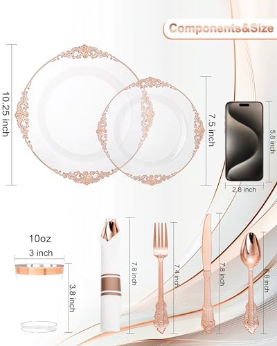 Nervure 350Pcs Rose Gold Plates, Disposable Dinnerware Set for 50 Guests