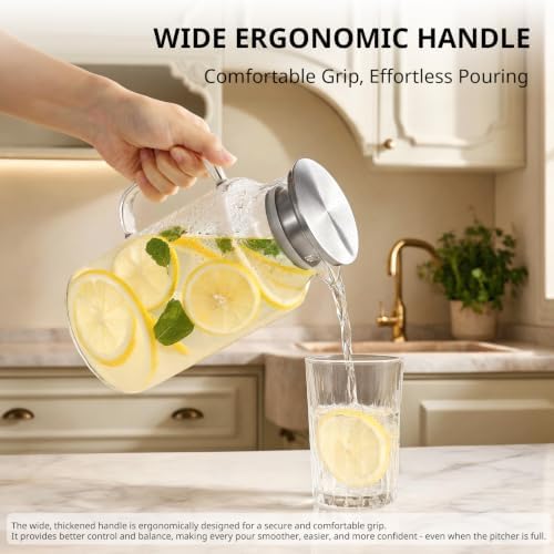 Bivvclaz Short 67.6 oz Glass Pitcher with Lid and Handle, Glass Carafe for Hot/Cold Water, Iced Tea Pitcher for Coffee, Juice and Homemade Beverage