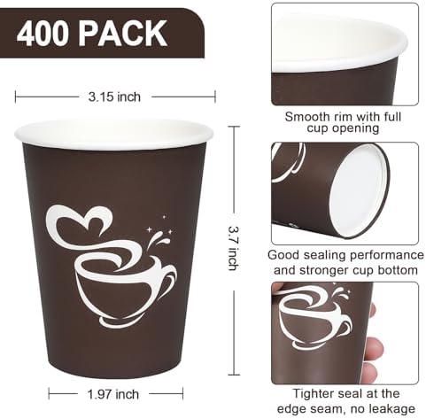 Clawsoff 400 Count 8 oz Paper Coffee Cups Disposable Hot Coffee Cups Brown