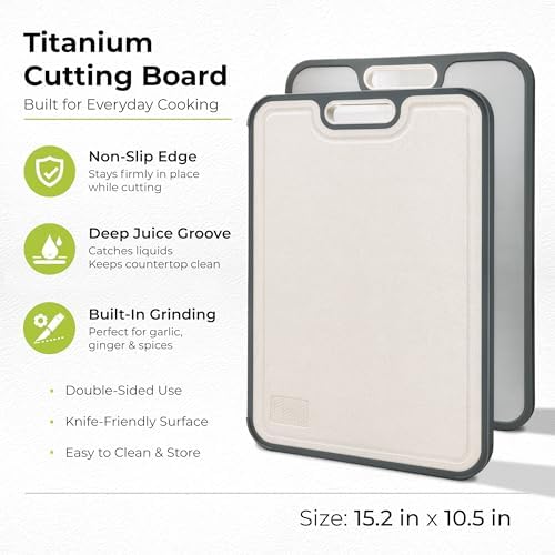 Freshware Titanium Cutting Board for Kitchen, Double Sided and Non Slip Cutting Boards, Pure Titanium/PP, Chopping Board with Juice Grooves, Dishwasher Safe, Large 15.2" by 10.5"