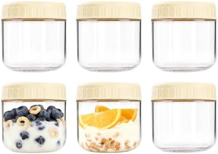 Overnight Oats Containers with Lids, 10oz Wide Mouth Mason Jars with Lids, 6 Pack Glass Jars with Airtight lid for Chia Pudding Yogurt Salad, Meal Prer Oatmeal Jars, Yellow