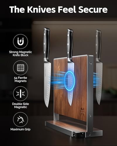 RAVS Magnetic Knife Holder for Countertop, Double-Sided Acacia Wood Magnetic Knife Block with Stainless Steel Frame, Freestanding Knife Storage Rack with Knife Sharpener, Magnetic Knife Holder Stand