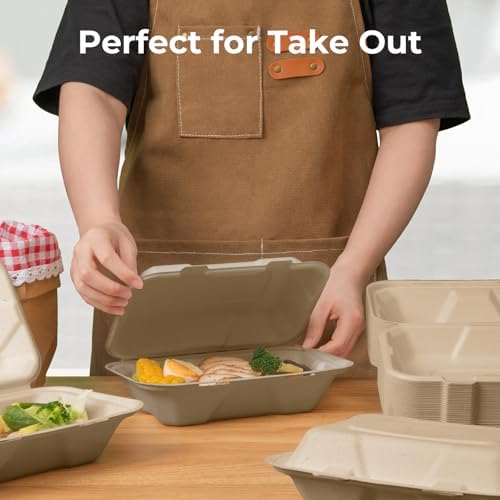 Fit Meal Prep 600 Pack 9x6 Compostable To Go Food Containers, Disposable To Go Boxes for Food, Clamshell Take Out Containers with lids, Eco Friendly Biodegradable, PFAS-Free, Bagasse, Microwave Safe