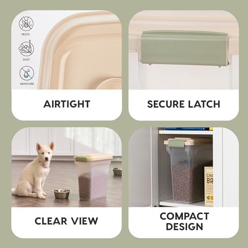 IRIS USA WeatherPro Airtight Dog Food Storage Container, Up to 13 lbs, for Dog Cat Bird and Other Pet Food Storage Bin, Pet Supplies, Keep Fresh, BPA Free, Clear/Almond (Pack of 2)
