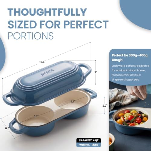 Double Dutch Oven for Bread Baking,Mini Cast Iron Sourdough Loaf Pan(Blue)