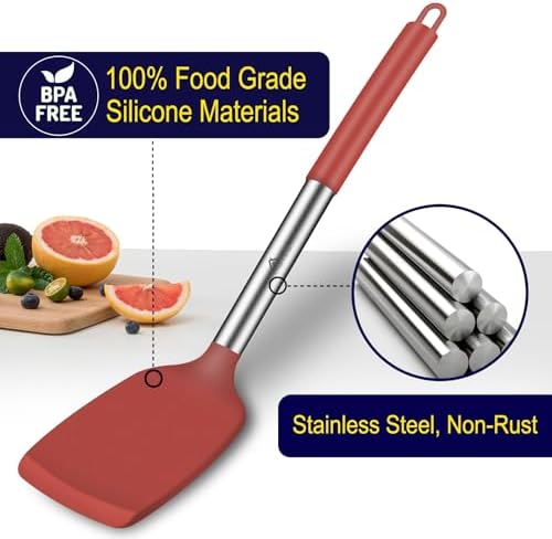 HOTEC Silicone Spatula Set of 2 Heat-Resistant 600°F & BPA-Free Kitchen SaptulaTurner with Stainless Steel Handles, Slotted & Solid Spatulas for Nonstick Cookware, 13.7 Inch, Red
