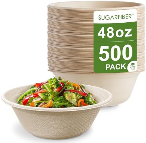 48oz Compostable Paper Bowls Disposable Round Natural Large Bowls,500 Count