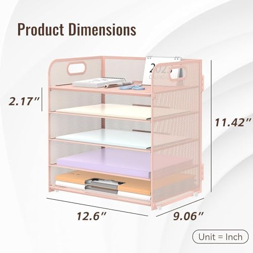 SUPEASY 5 Trays Paper Organizer Letter Tray with Handle-Mesh Desk File Organizer,Pink Paper Sorter Desk Organizer for Office, Home or School, Rosepink