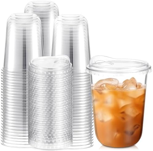 Baderke 100 Pcs Round Bottom Plastic Cups with Lids Clear Togo,16 Oz