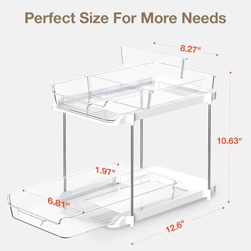 Delamu 2-Tier Multi-Purpose Bathroom Under Sink Organizers and Storage, Stackable Kitchen Pantry Organization, Pull Out Medicine Cabinet Organizer with Movable Dividers, White, 1 Pack