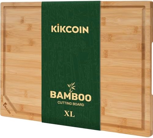Kikcoin 17"×11" Bamboo Cutting Boards for Kitchen, Knife-Friendly Food Grade Wooden Cutting Boards for Kitchen, Charcuterie, Extra Large Chopping Boards with Deep Juice Groove, Reversible, Natural
