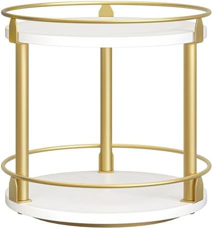 YATINEY Lazy Susan Organizer, Rotating Spice Rack, 2 Tier Spice Turntable Organizer, Industrial Turntable Spice Holder, for Kitchen Countertop and Cabinet, Compact and Versatile, White and Gold SR22DW