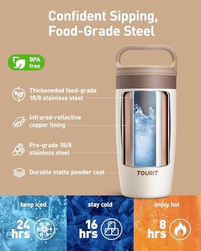 TOURIT Travel Coffee Mug 16 oz,Leakproof 2-Part Drink Lid Tumbler,Off-White