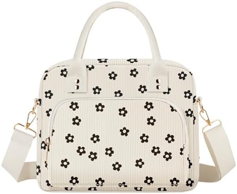 Lunch Bag Large Insulated Lunch Box for Women Men Adult Cute Black Floral Lunchbox Corduroy Lunch Bags Boxes Pail with Shoulder Strap for Work Mom Picnic Office Travel 11.4×6.8×9.1 inches 11.5L
